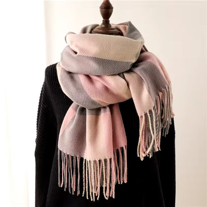 Men & Women Checked Pattern Cashmere Touch Scarf - Warm Fringe Shawl