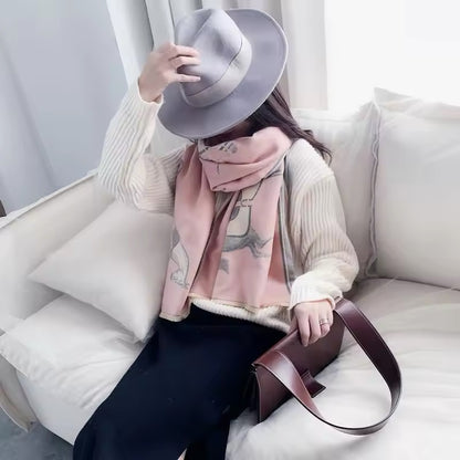 Luxury Women Limited Edition Horse Design Cashmere Touch Scarf - Warm Fringe Shawl