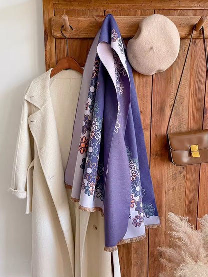 Luxury Women Floral Cashmere Touch Flower Scarf - Warm Fringe Shawl