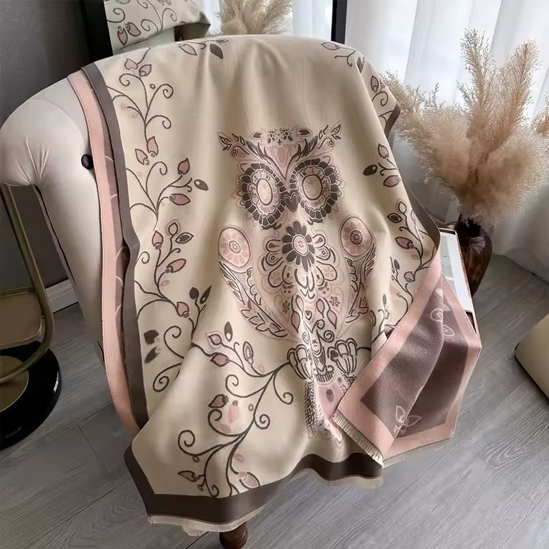 Luxury Women Floral Cashmere Touch Flower Scarf - Warm Fringe Shawl