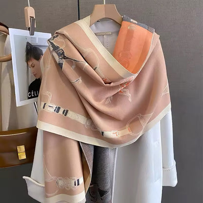 Luxury Women Limited Edition Horse Design Cashmere Touch Scarf - Warm Fringe Shawl