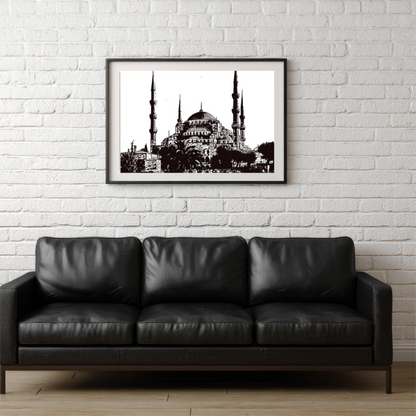 Hand Drawn Blue Mosque City Art on Cartridge Paper - No Frame (Size: A4 & A3)