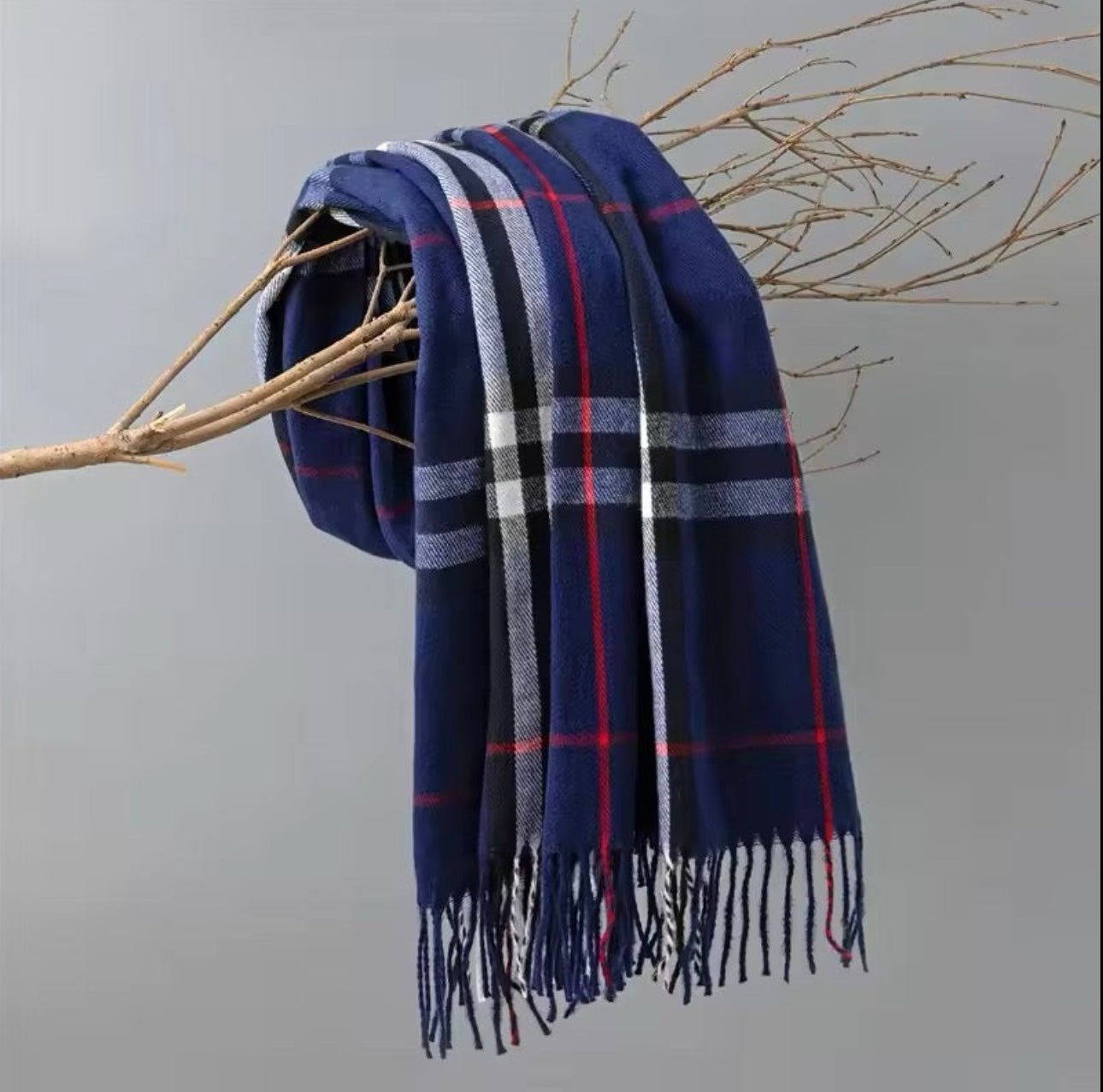 Men & Women Checked Pattern Cashmere Touch Scarf - Warm Fringe Shawl