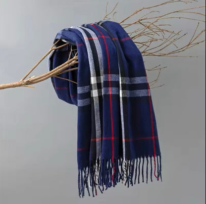 Men & Women Checked Pattern Cashmere Touch Scarf - Warm Fringe Shawl