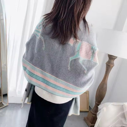 Luxury Women Limited Edition Horse Design Cashmere Touch Scarf - Warm Fringe Shawl