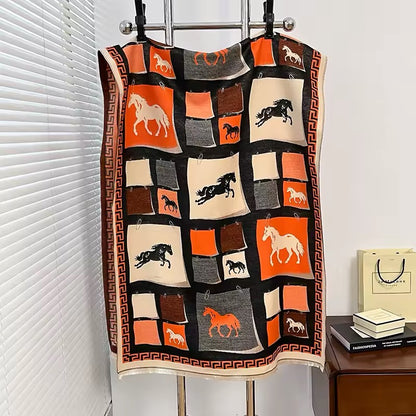 Luxury Women Limited Edition Horse Design Cashmere Touch Scarf - Warm Fringe Shawl
