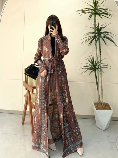 Women Split Abaya Vintage Printed Design Lapel Long Sleeved Open Front Cardigan Loose Big Collar
