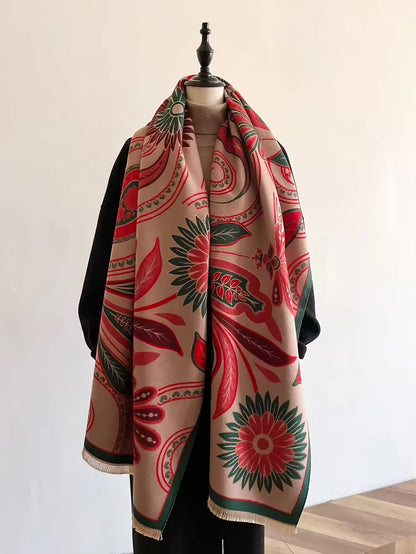 Luxury Women Floral Cashmere Touch Flower Scarf - Warm Fringe Shawl