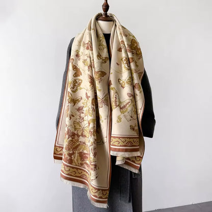 Luxury Women Floral Cashmere Touch Double Sided Butterfly Scarf - Warm Fringe Shawl