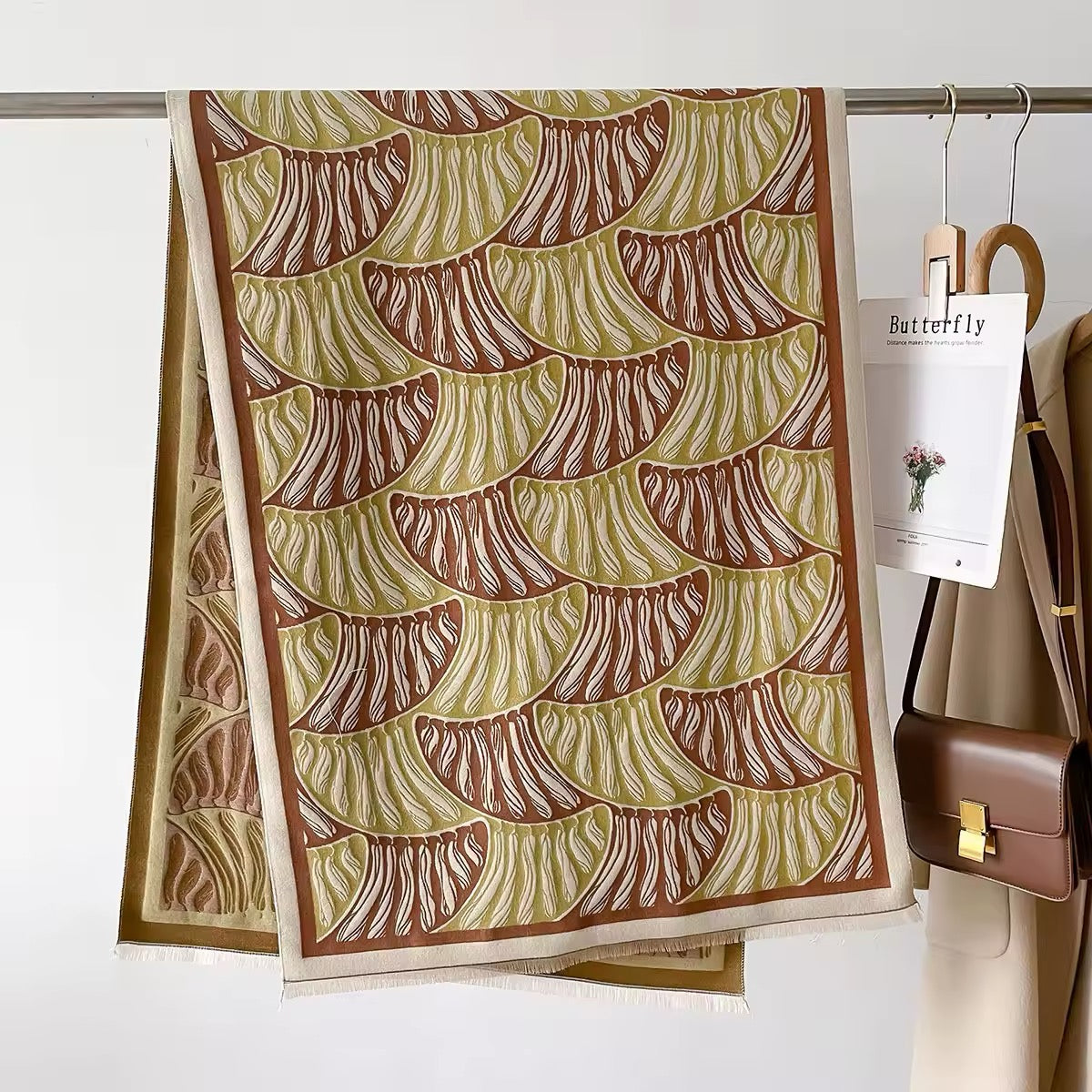 Luxury Women Floral Cashmere Touch Leaves Scarf - Warm Fringe Shawl