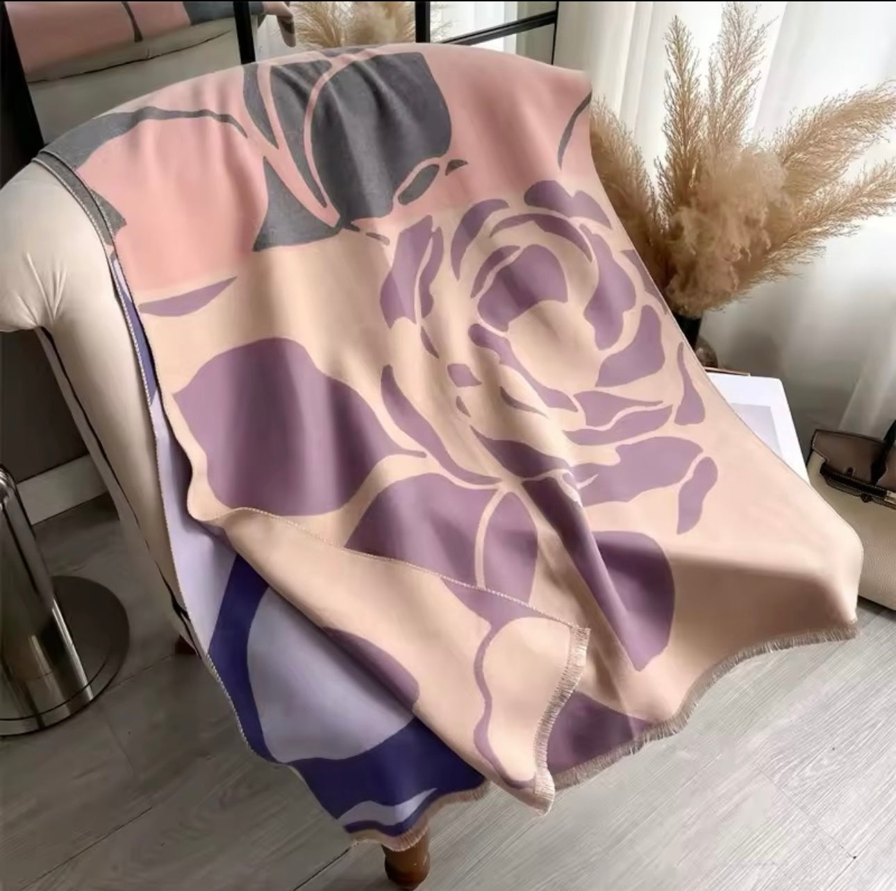 Luxury Women Floral Cashmere Touch Flower Scarf - Warm Fringe Shawl