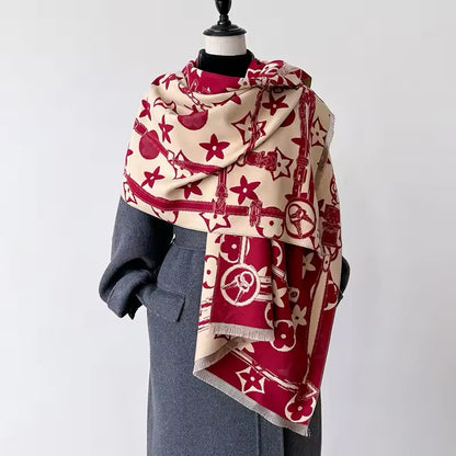 Luxury Women Floral Cashmere Touch Flower Scarf - Warm Fringe Shawl