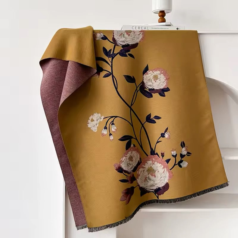 Luxury Women Floral Cashmere Touch Flower Scarf - Warm Fringe Shawl