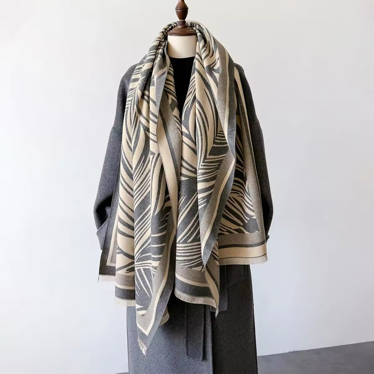 Luxury Women Floral Cashmere Touch Leaves Print Scarf - Warm Fringe Shawl