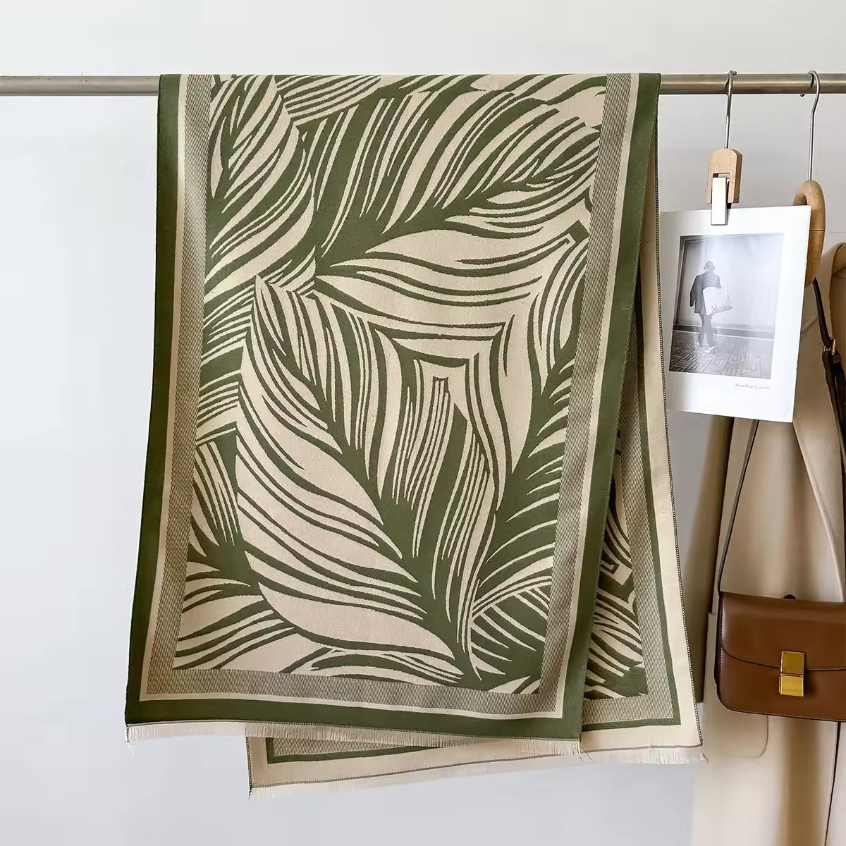 Luxury Women Floral Cashmere Touch Leaves Print Scarf - Warm Fringe Shawl