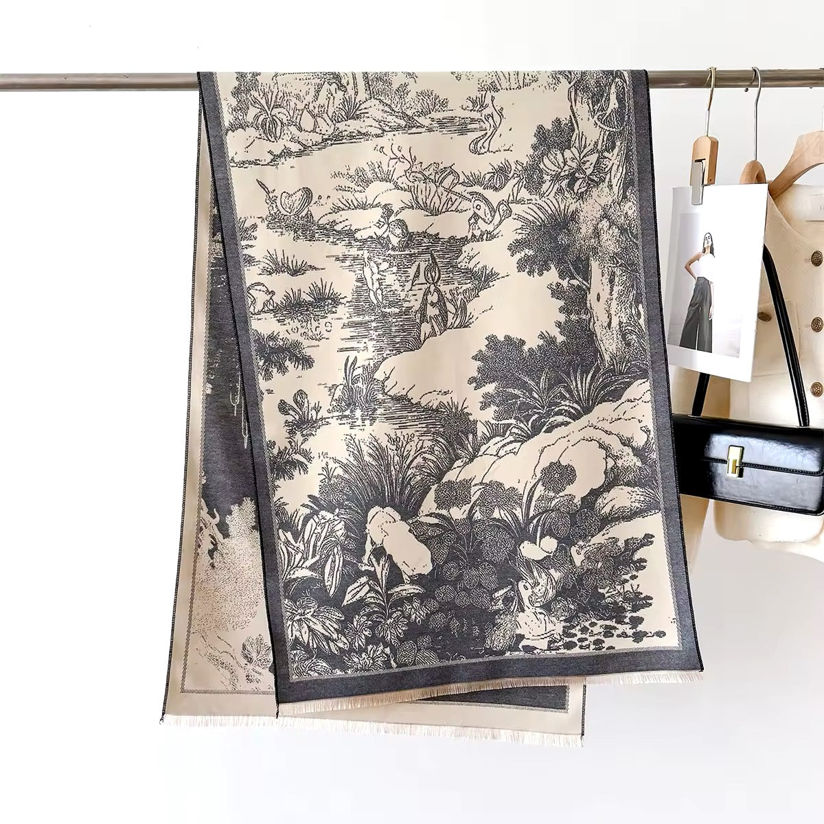 Luxury Women Floral Cashmere Touch Landscape Scarf - Warm Fringe Shawl