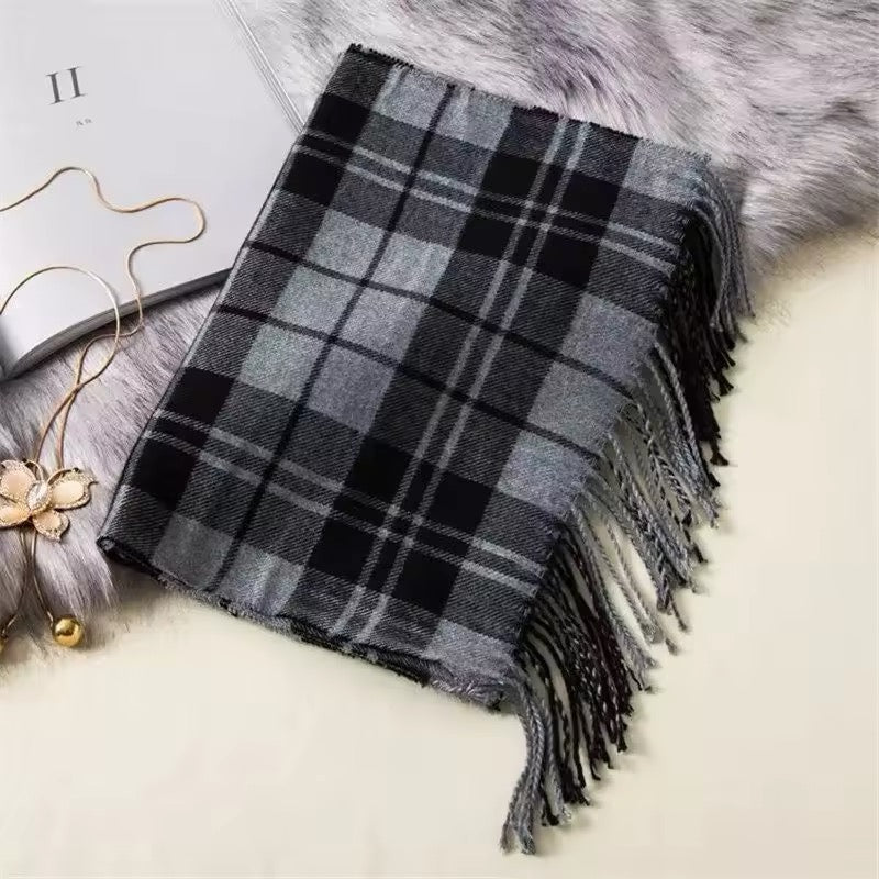 Men &  Women Checked Pattern Cashmere Touch Scarf - Warm Fringe Shawl
