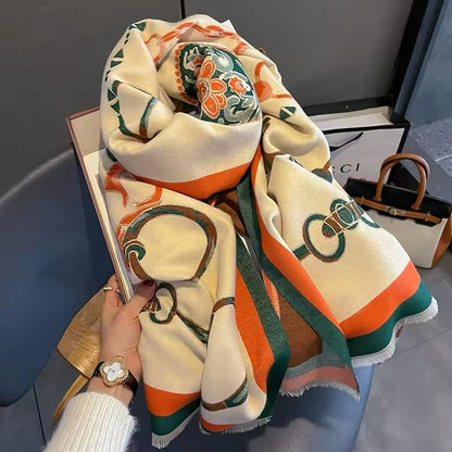 Luxury Women Limited Edition Horse Design Cashmere Touch Scarf - Warm Fringe Shawl