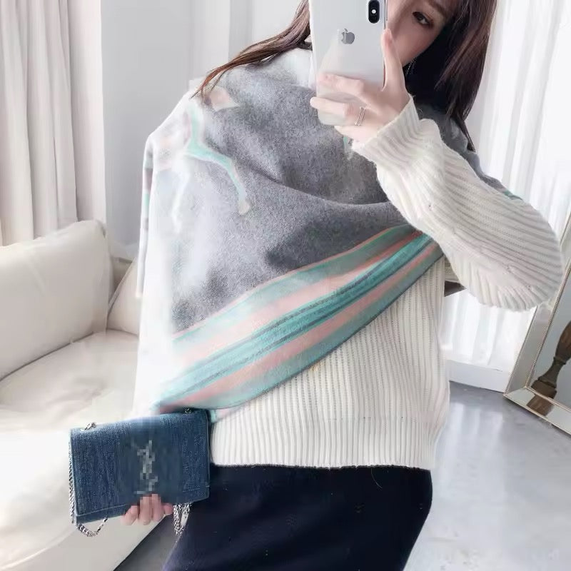Luxury Women Limited Edition Horse Design Cashmere Touch Scarf - Warm Fringe Shawl