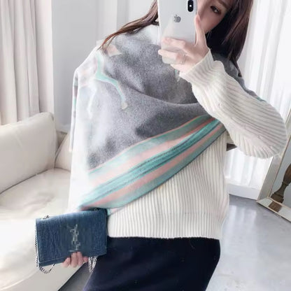 Luxury Women Limited Edition Horse Design Cashmere Touch Scarf - Warm Fringe Shawl