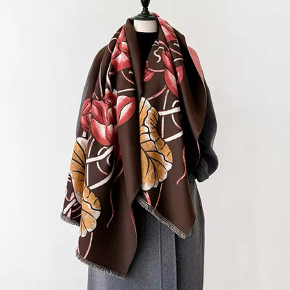 Luxury Women Floral Cashmere Touch Flower Scarf - Warm Fringe Shawl