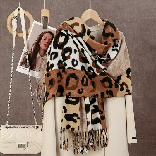 Leopard Print Scarf Thickened Animal Cheetah Print Warm Cashmere Double Sided Shawl Women Allure