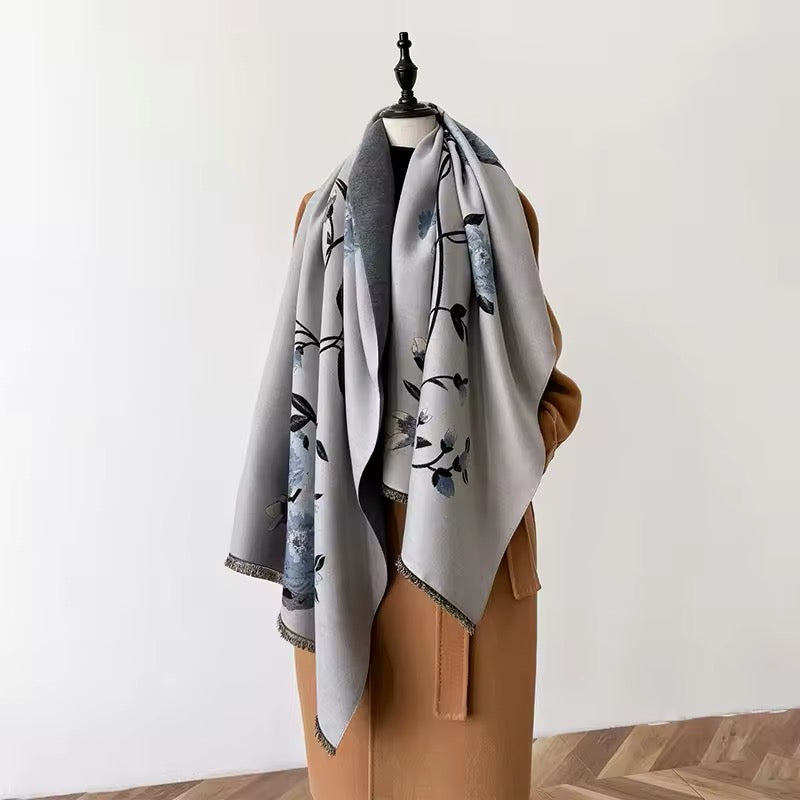 Luxury Women Floral Cashmere Touch Flower Scarf - Warm Fringe Shawl