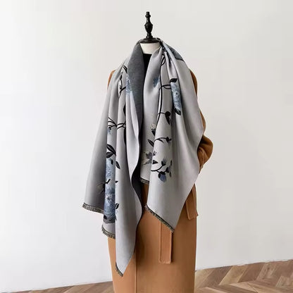 Luxury Women Floral Cashmere Touch Flower Scarf - Warm Fringe Shawl