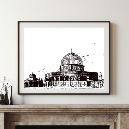 Hand Drawn Golden Dome Mosque City Art on Cartridge Paper - No Frame (Size: A4 & A3)