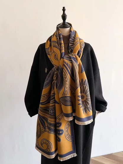 Luxury Women Floral Cashmere Touch Flower Scarf - Warm Fringe Shawl