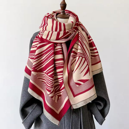 Luxury Women Floral Cashmere Touch Leaves Print Scarf - Warm Fringe Shawl