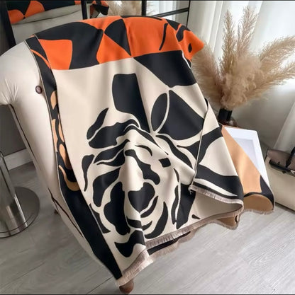 Luxury Women Floral Cashmere Touch Flower Scarf - Warm Fringe Shawl