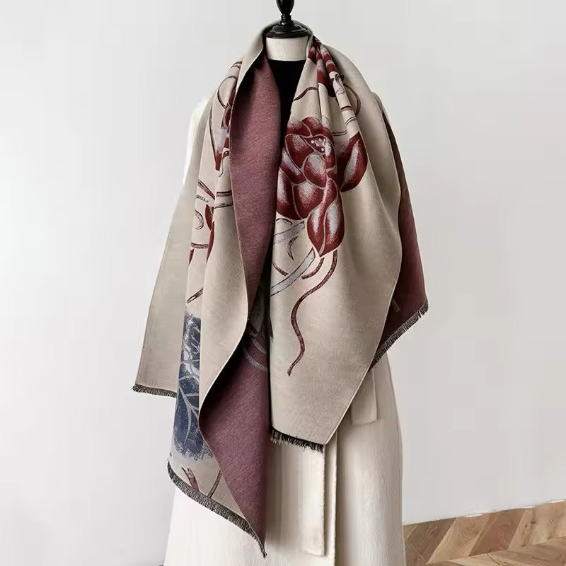 Luxury Women Floral Cashmere Touch Flower Scarf - Warm Fringe Shawl