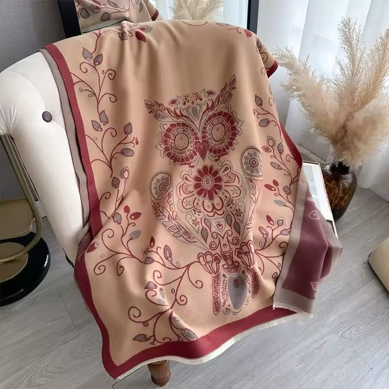 Luxury Women Floral Cashmere Touch Flower Scarf - Warm Fringe Shawl