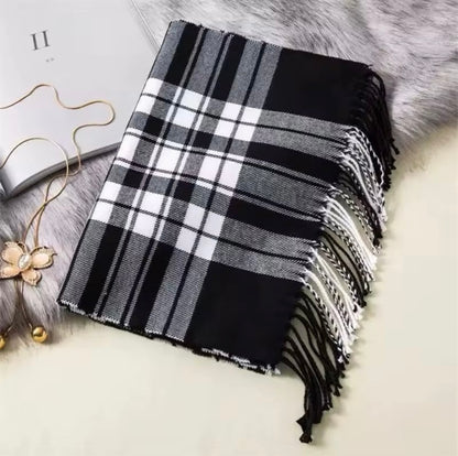 Men &  Women Checked Pattern Cashmere Touch Scarf - Warm Fringe Shawl