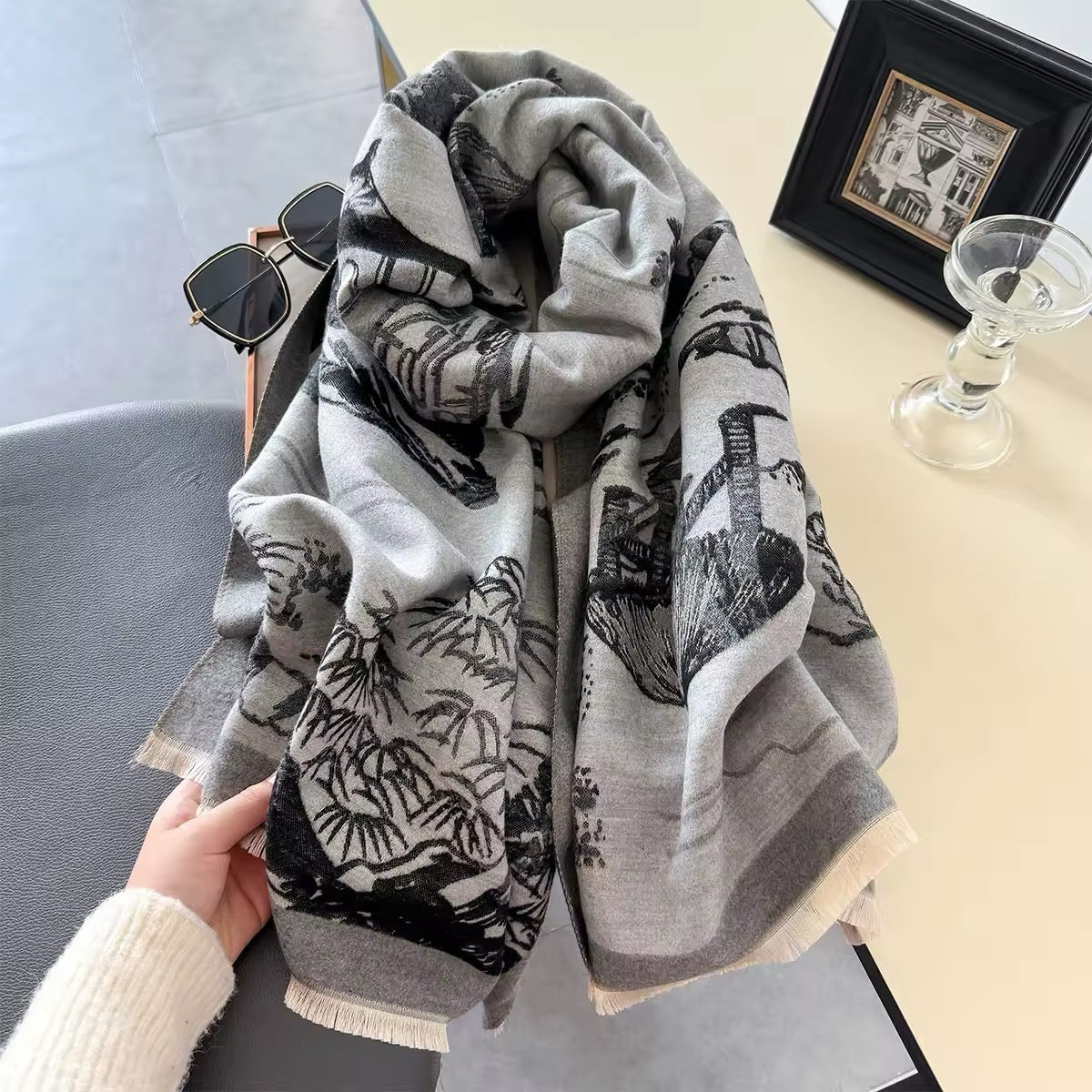 Luxury Women Floral Cashmere Touch Landscape Scarf - Warm Fringe Shawl