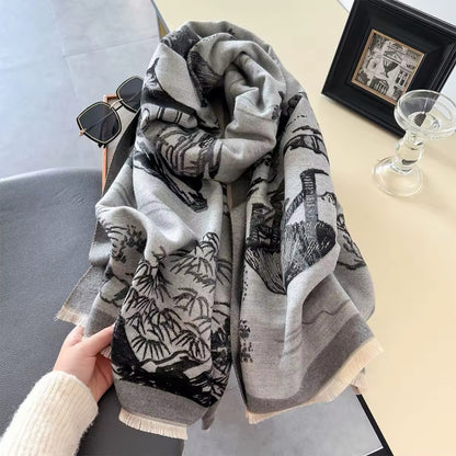 Luxury Women Floral Cashmere Touch Landscape Scarf - Warm Fringe Shawl