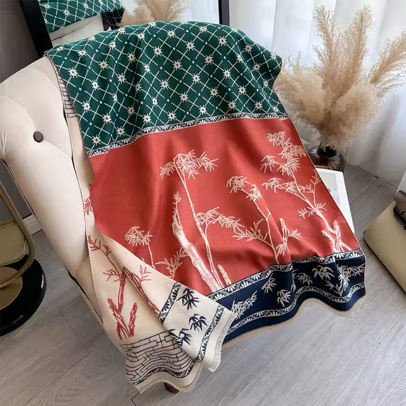 Luxury Women Floral Cashmere Touch Flower Scarf - Warm Fringe Shawl