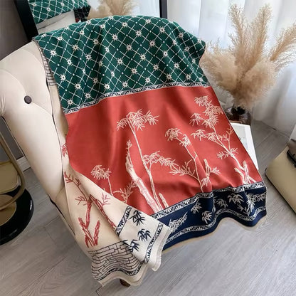 Luxury Women Floral Cashmere Touch Flower Scarf - Warm Fringe Shawl