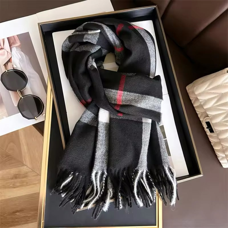 Men & Women Checked Pattern Cashmere Touch Scarf - Warm Fringe Shawl