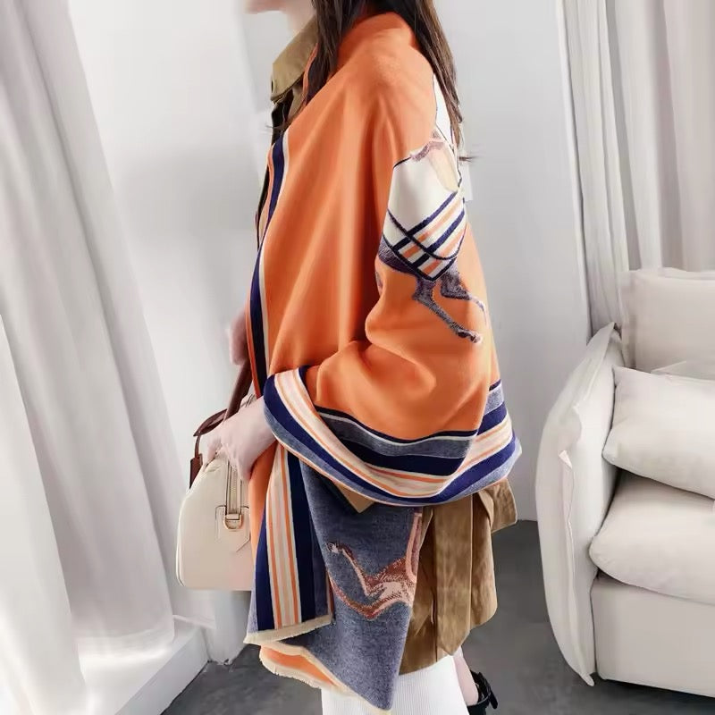 Luxury Women Limited Edition Horse Design Cashmere Touch Scarf - Warm Fringe Shawl