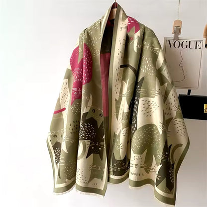 Cat Print Scarf Thickened Warm Cashmere Double Sided Luxury Shawl Women Allure