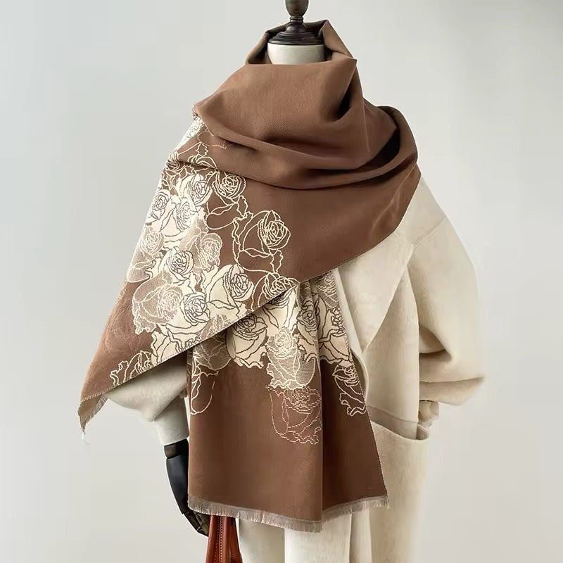 Luxury Women Floral Cashmere Touch Flower Scarf - Warm Fringe Shawl