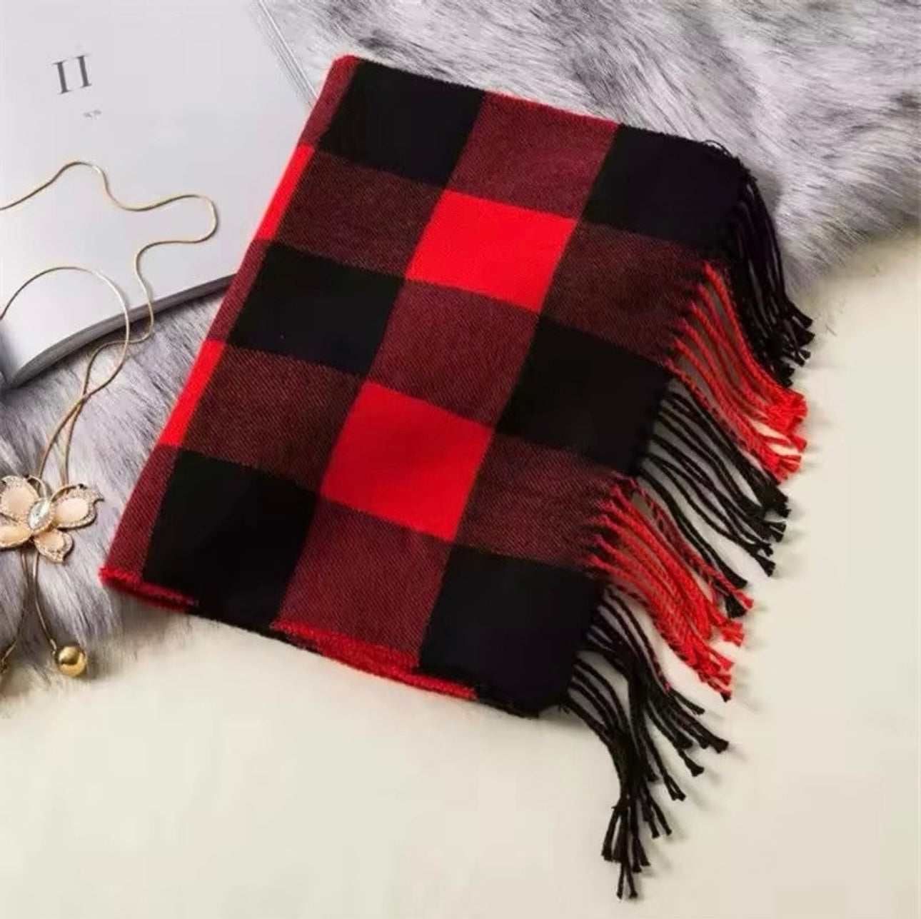 Men &  Women Checked Pattern Cashmere Touch Scarf - Warm Fringe Shawl