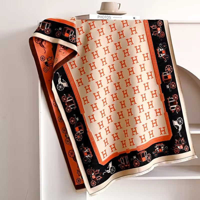 Luxury Women Limited Edition Horse Design Cashmere Touch Scarf - Warm Fringe Shawl