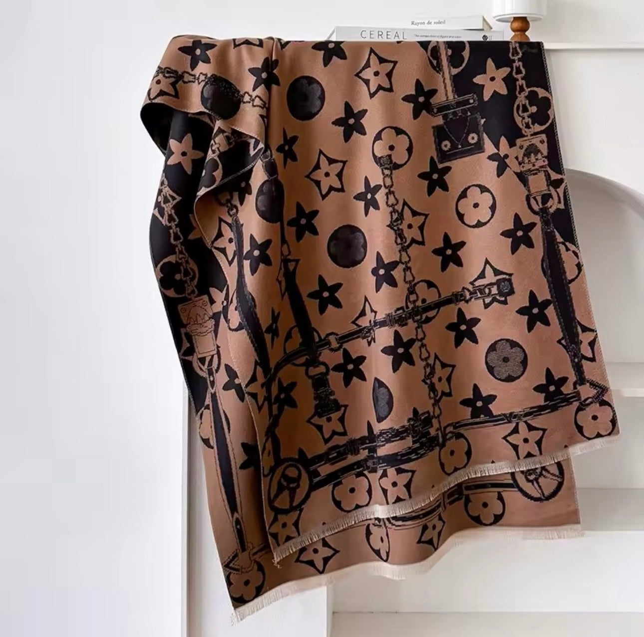 Luxury Women Floral Cashmere Touch Flower Scarf - Warm Fringe Shawl