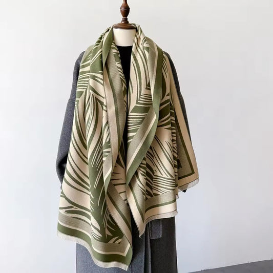 Luxury Women Floral Cashmere Touch Leaves Print Scarf - Warm Fringe Shawl