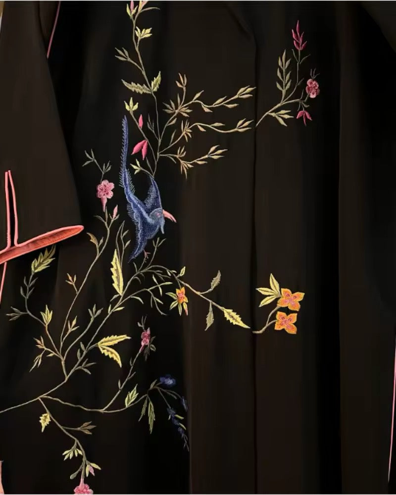 Women Split Abaya Vintage Printed Design Lapel Long Sleeved Loose Big Collar Tied Open Front Burqa