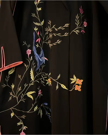 Women Split Abaya Vintage Printed Design Lapel Long Sleeved Loose Big Collar Tied Open Front Burqa