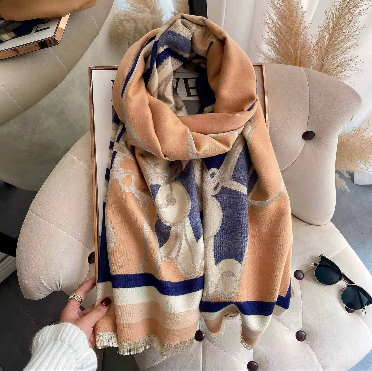 Luxury Women Limited Edition Horse Design Cashmere Touch Scarf - Warm Fringe Shawl